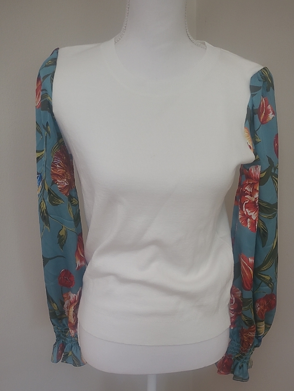 Fate Contrast Sweater with Floral Sleeves. Small